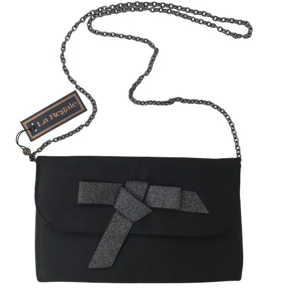 NWT La Regale Womens Black Bow Snap Closure Chain Strap Small Purse - Picture 1 of 5